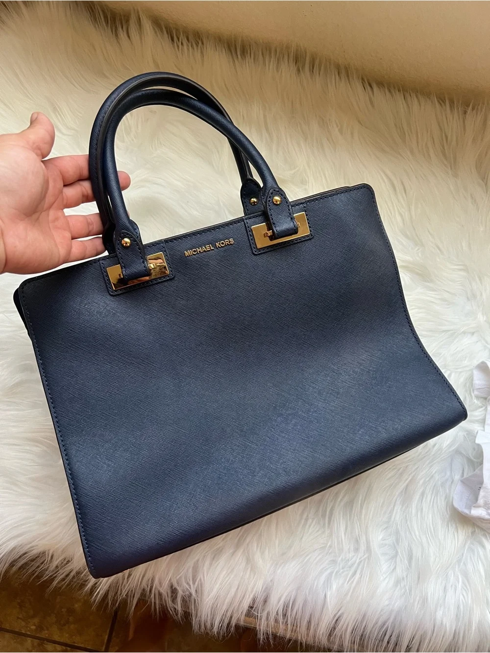 Michael Kors Navy Saffiano Satchel with Gold Hardware